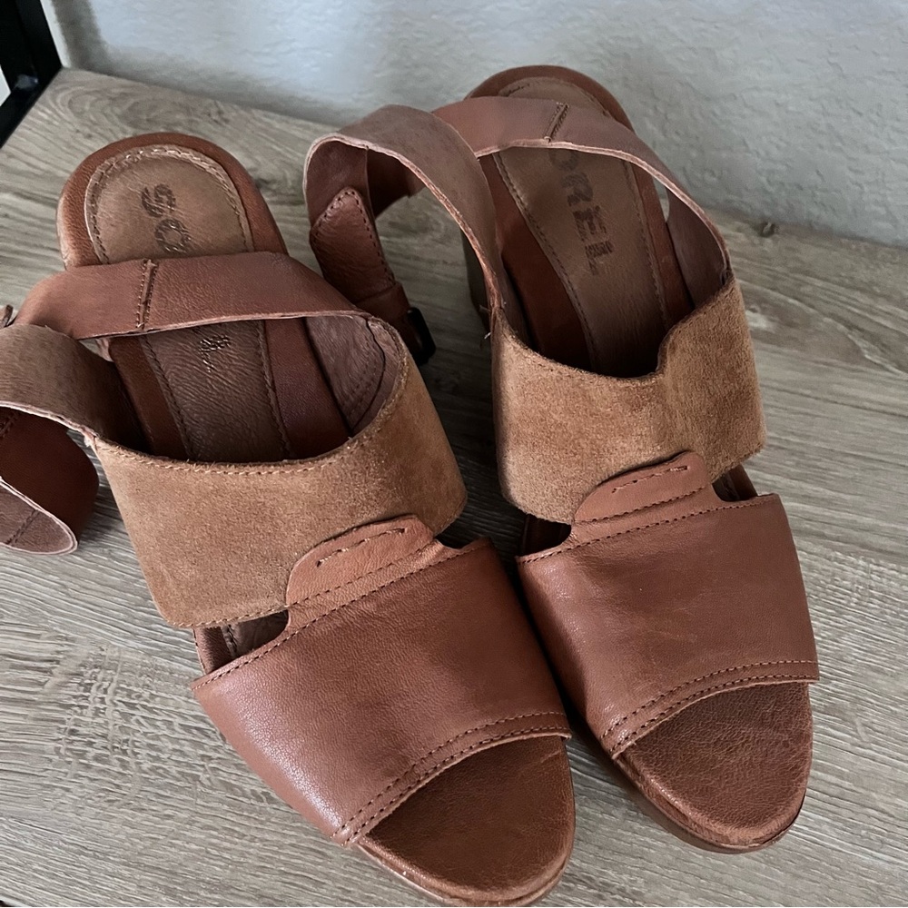 Women’s 9.5 Sorel After Hours Sandal Comfy Wedge in Camel Brown Leather - Picture 5 of 16